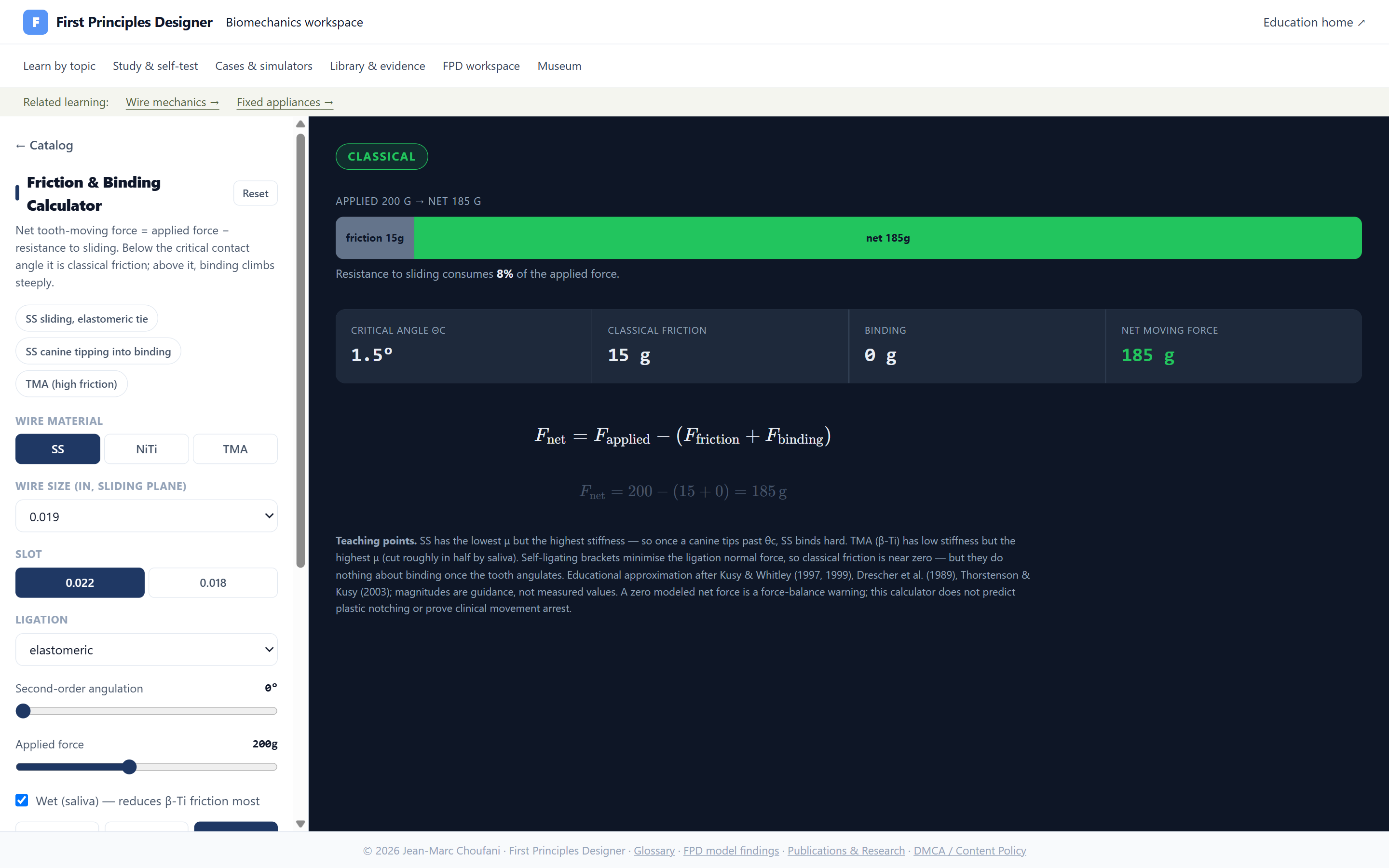 The live Friction and Binding Calculator: applied force split into friction, binding, and net moving force, with the critical contact angle, the governing equation, and wire, slot and ligation controls.