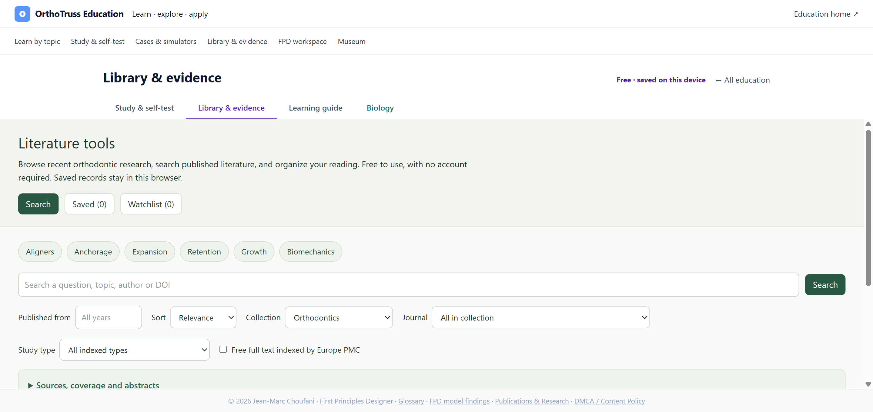 The live Literature tools: a search interface for published orthodontic research with topic filters, publication, collection, journal and study-type filters, and saved and watchlist tabs.