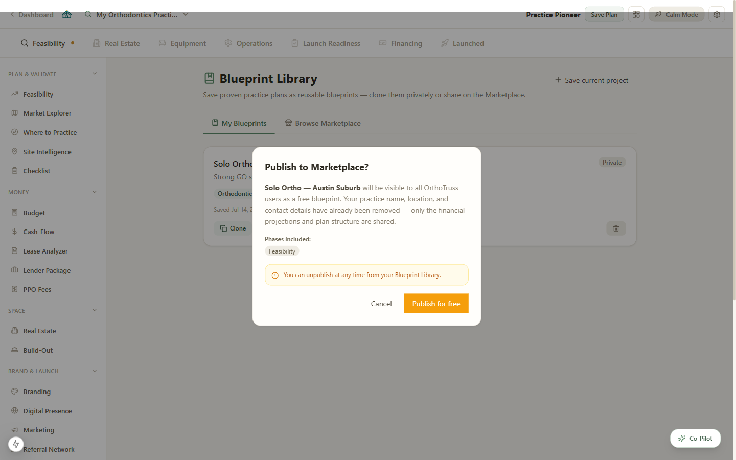 Publish to Marketplace confirmation dialog showing which phases will be included before the blueprint goes public