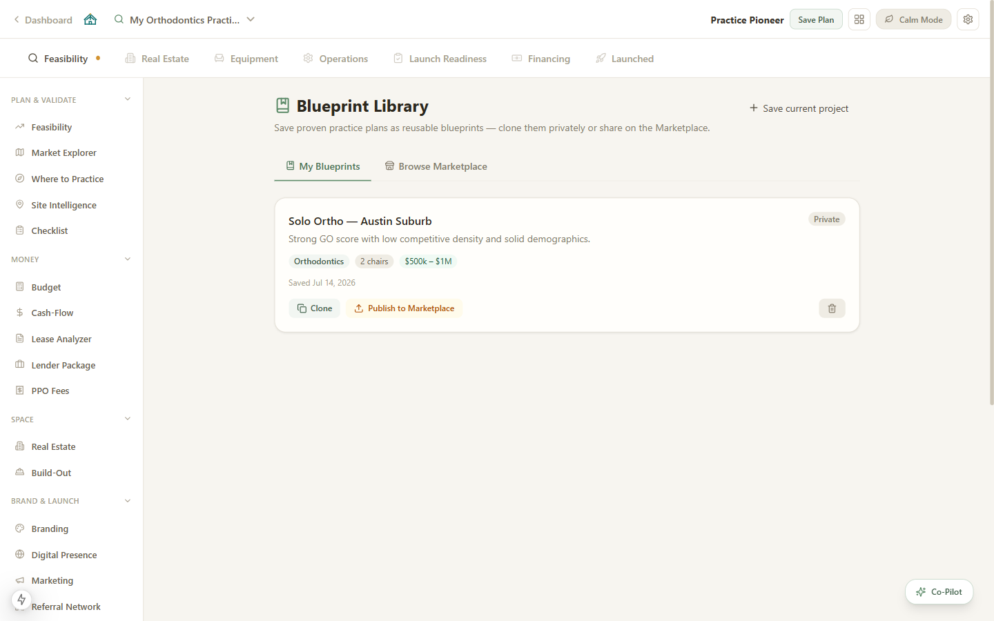 Blueprint Library showing a saved blueprint with Clone and Publish to Marketplace actions