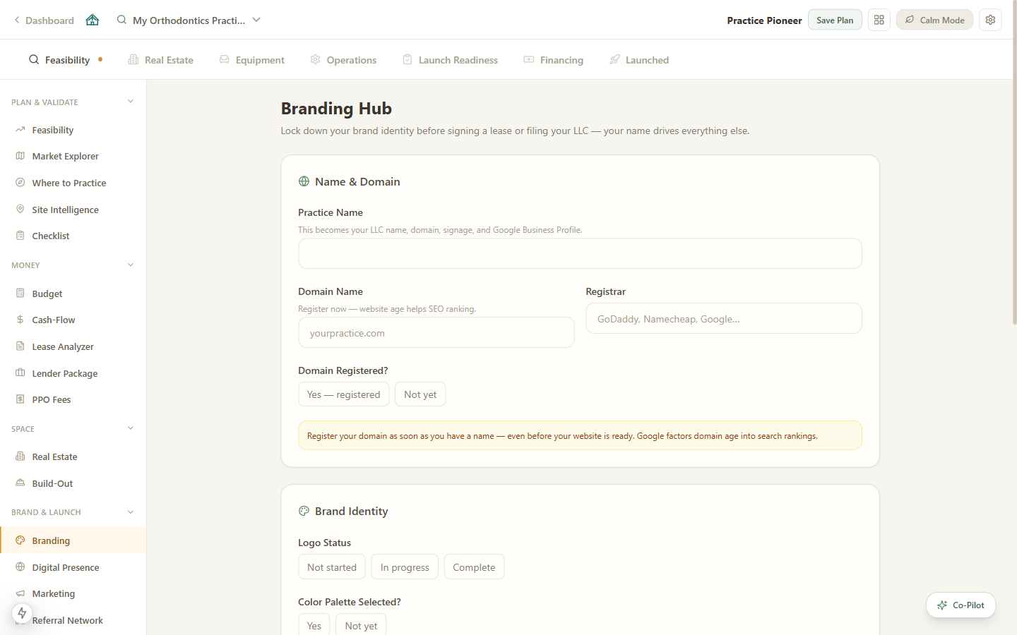 Branding Hub showing practice name and domain fields, plus a brand identity checklist