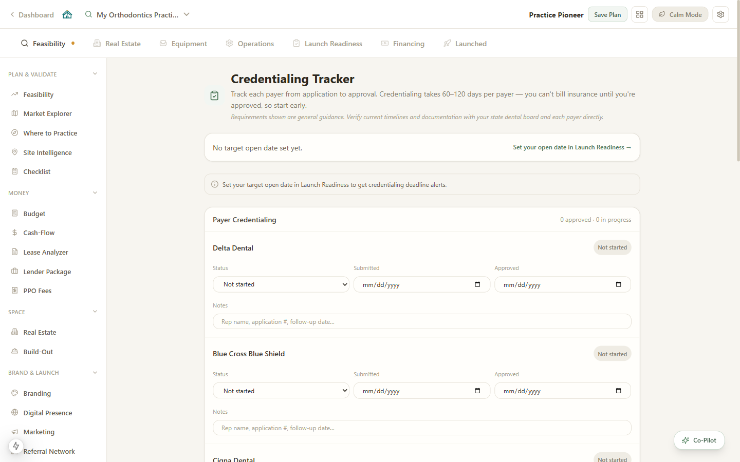 Credentialing Tracker showing payer application status