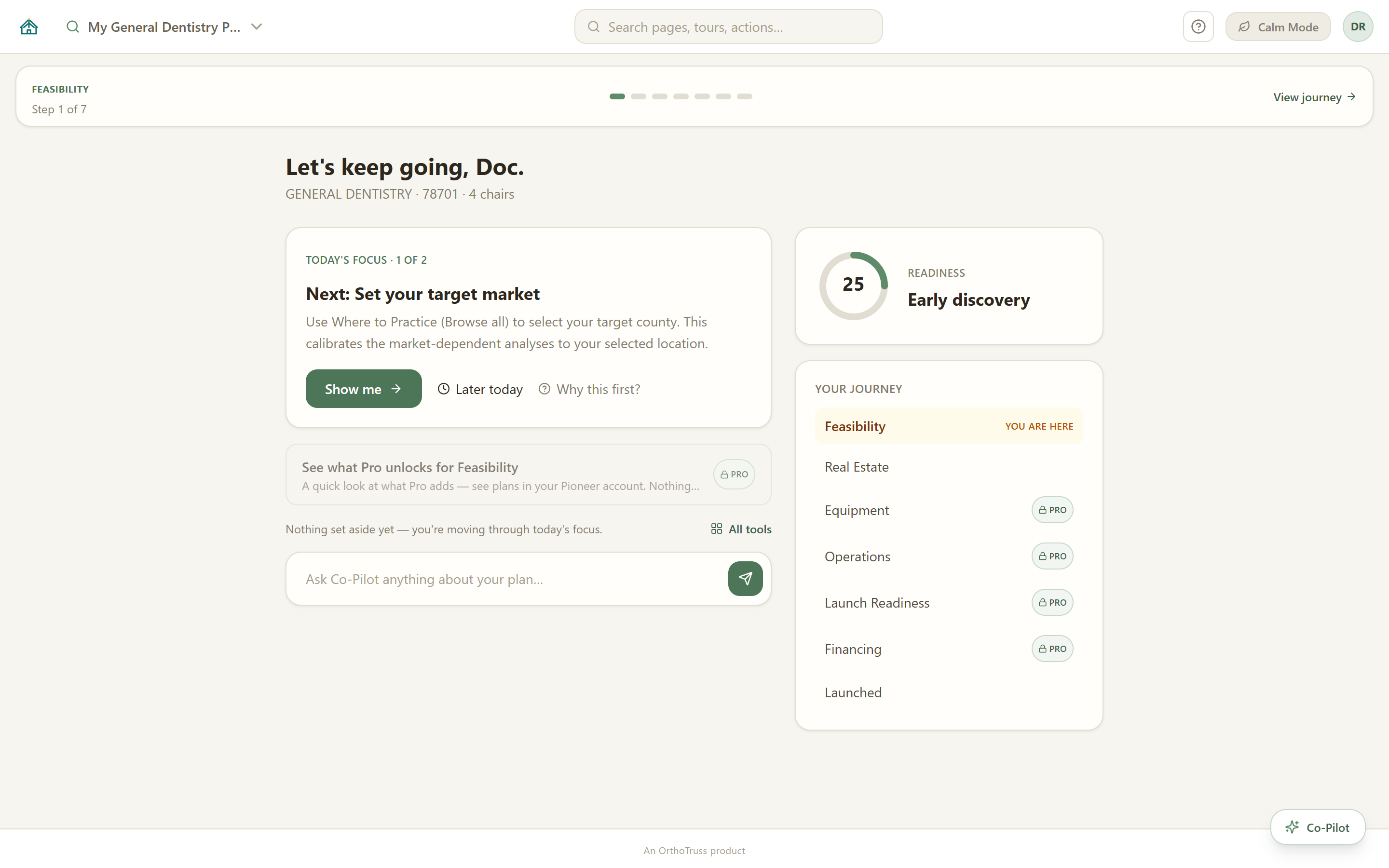Calm Guide home in Practice Pioneer 2.0 with today’s focus card, readiness score, journey list, and Co-Pilot ask bar
