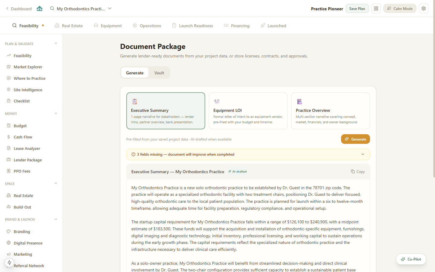 AI-generated executive summary document pre-filled from project data