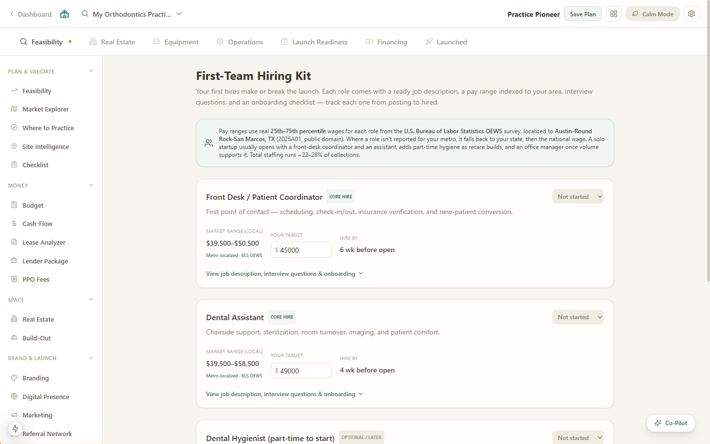 First-Team Hiring Kit showing job descriptions and localized pay ranges