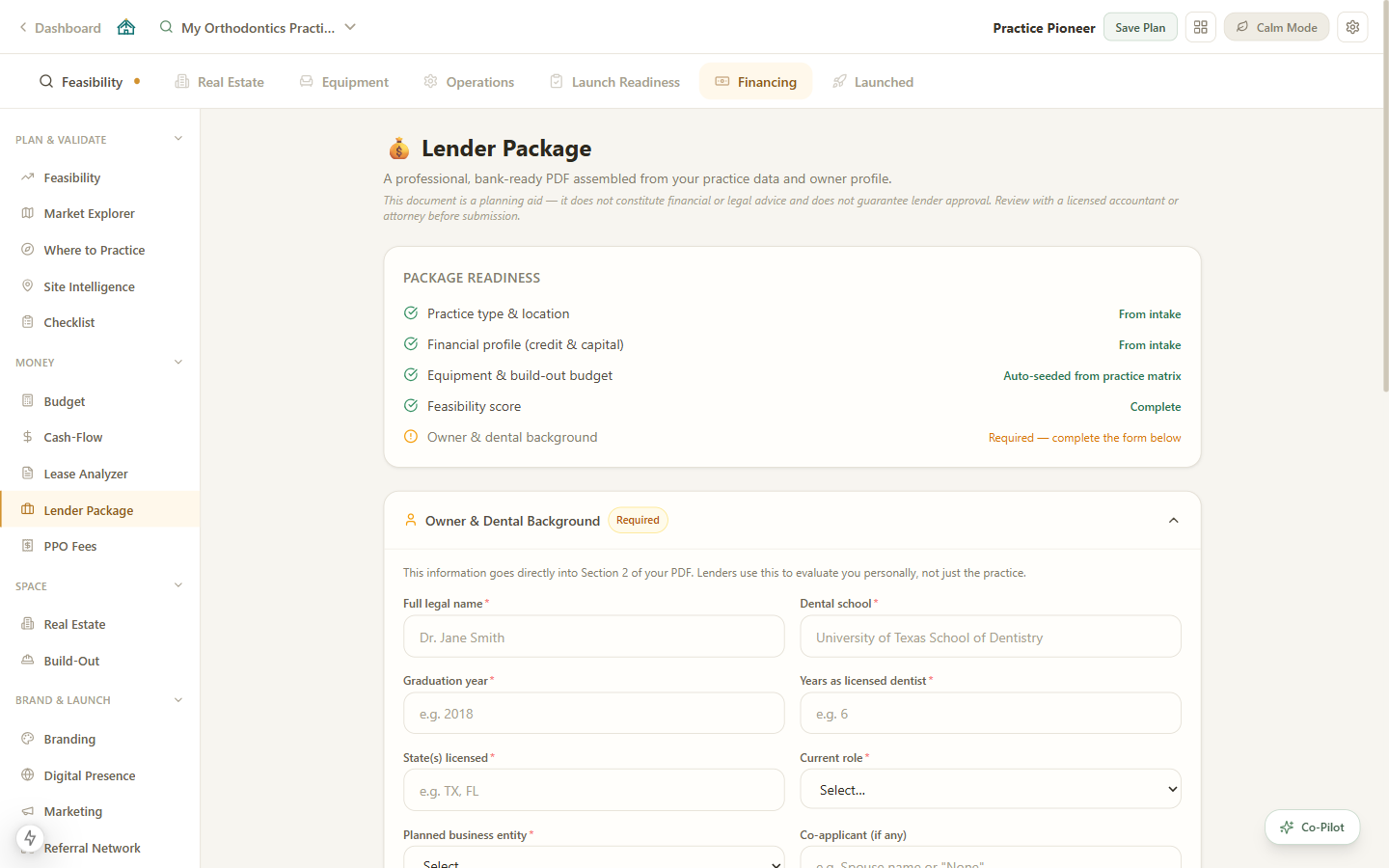 Lender Package readiness checklist and owner background form