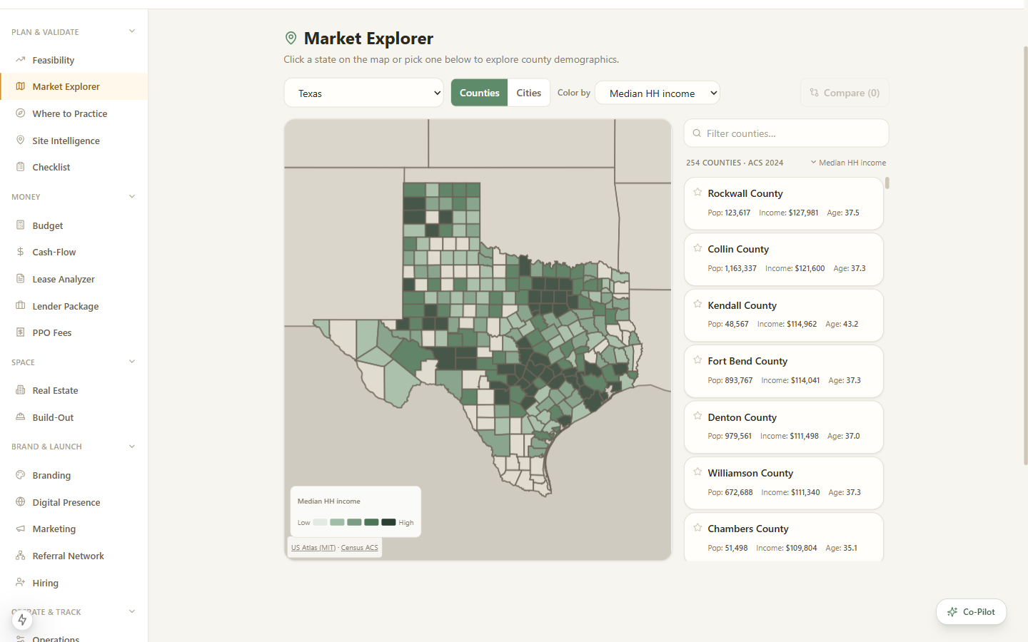 Market Explorer choropleth map of Texas counties colored by median household income