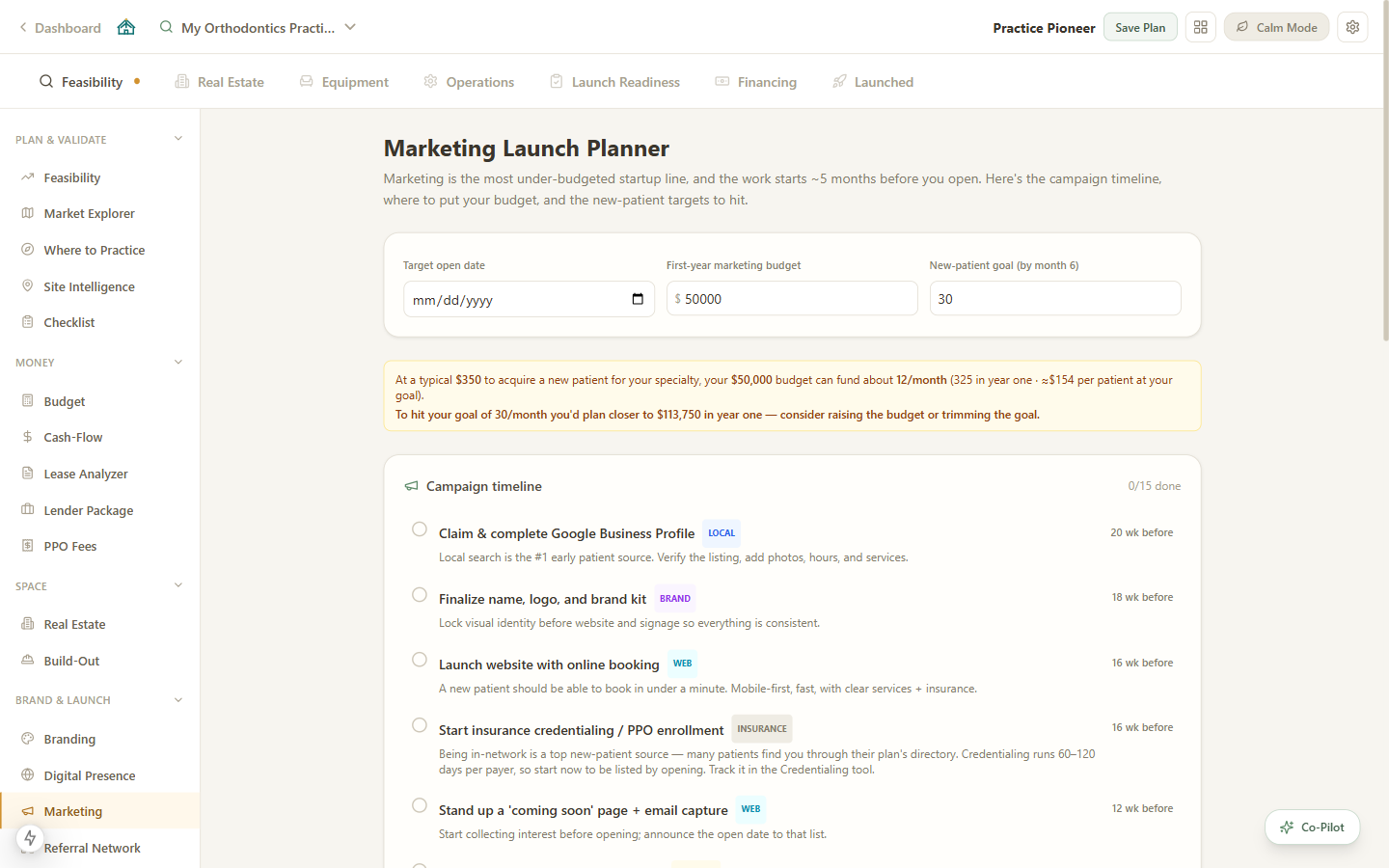 Marketing Launch Planner campaign timeline anchored to the target open date