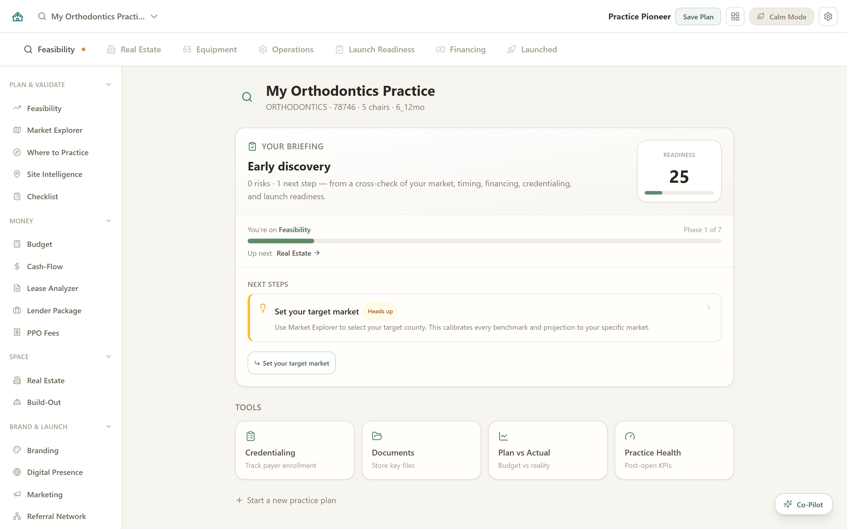Owner Briefing on the dashboard home showing a readiness verdict and score, phase progress, next steps, and a one-click next action