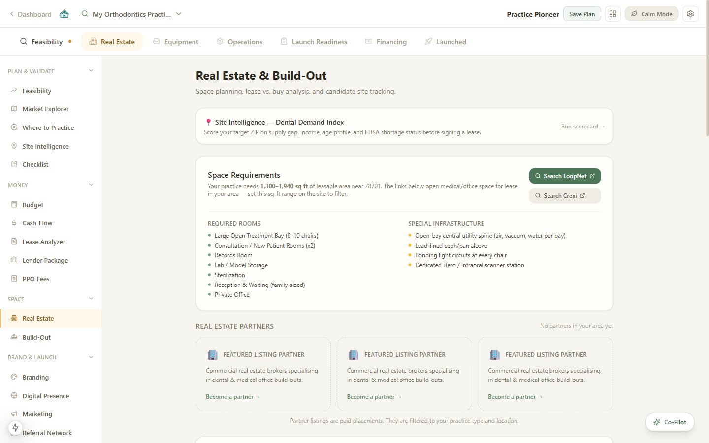 Real Estate and Build-Out page showing space requirements, required rooms, and special infrastructure for an orthodontic practice
