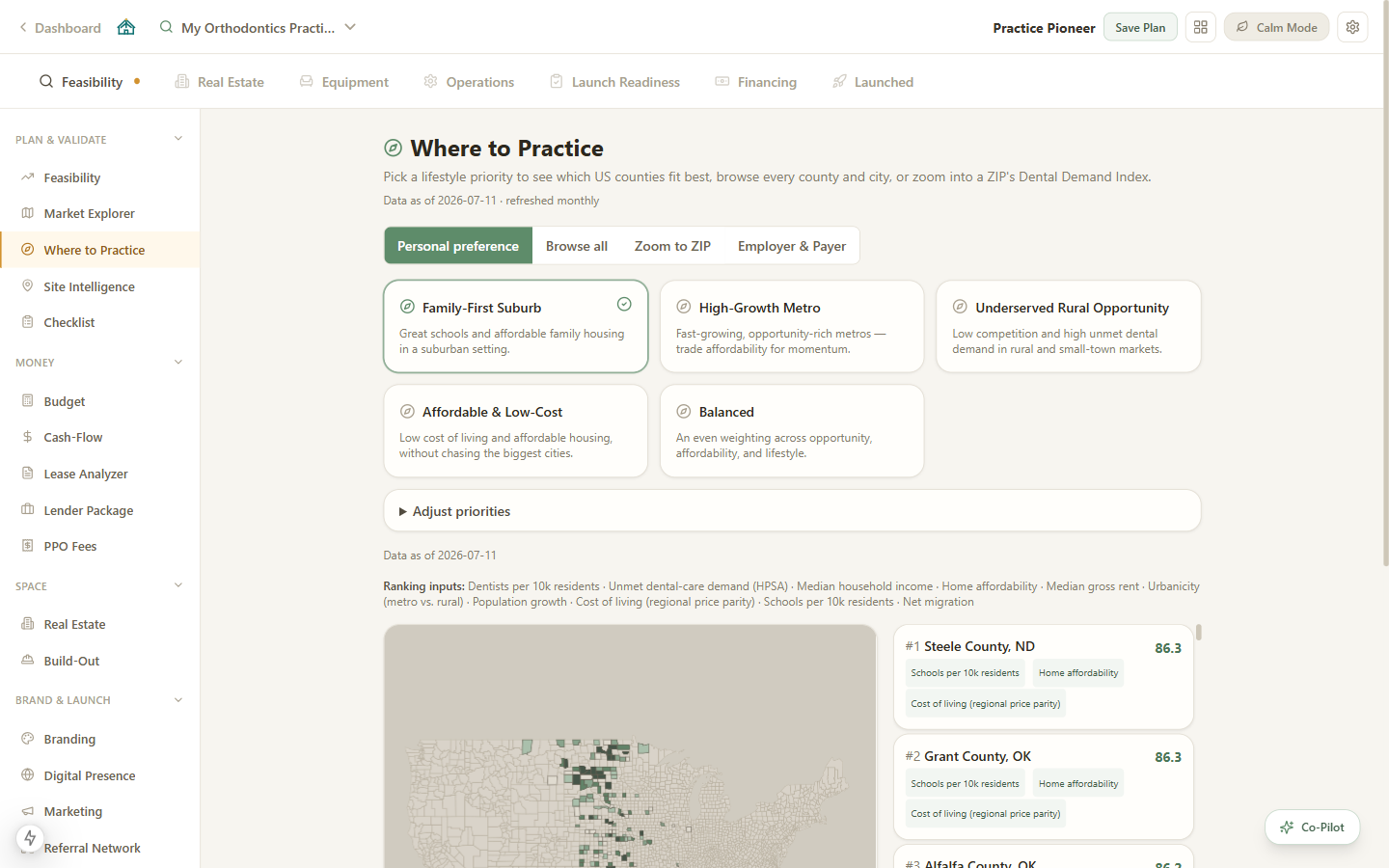 Where to Practice showing a national county map and ranked list for the Family-First Suburb persona