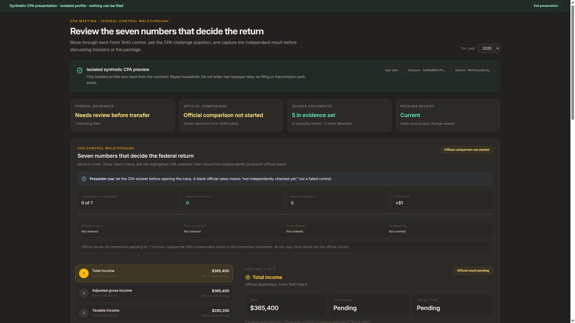 Synthetic Koinon Tax CPA preview showing a guided federal tax review and seven Form 1040 controls