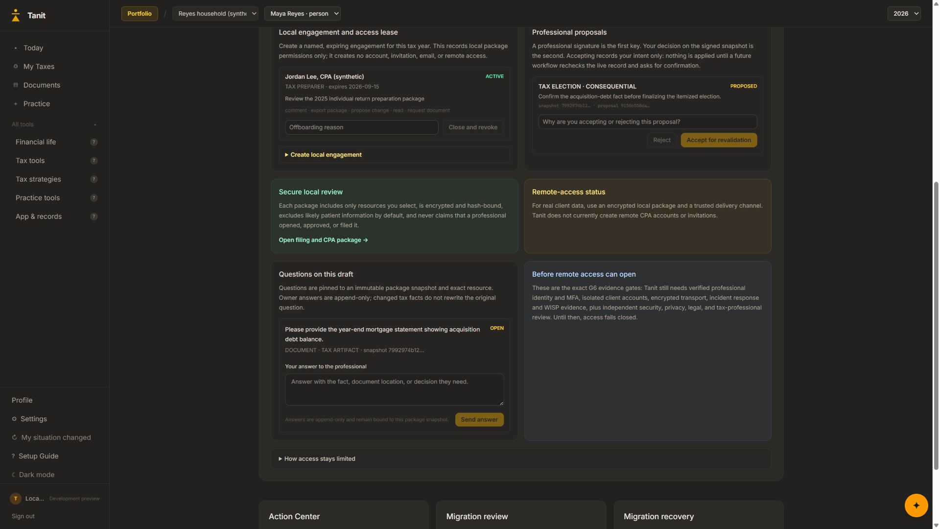Synthetic Koinon Tax professional-controls preview showing a local engagement, questions, and owner-controlled proposals